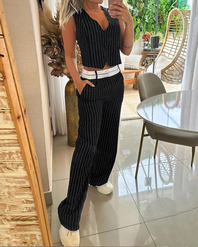 Striped Buttoned Vest Top & Pocket Design Pants Set