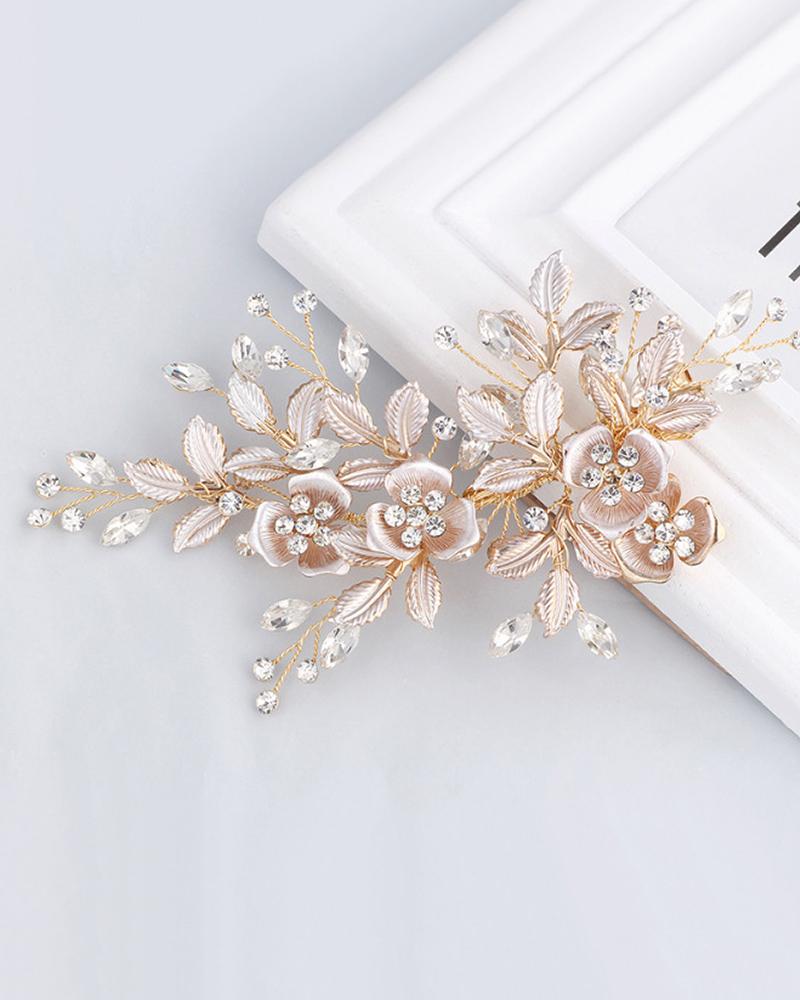 

1pcs Rhinestone Floral Pattern Hair Accessories Bride Wedding Hair Comb Clip, Gold