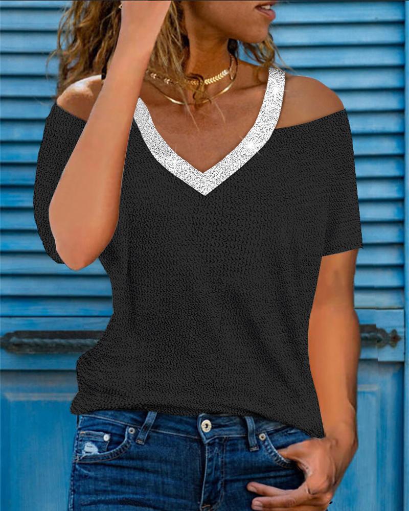 

Cold Shoulder Jacquard Knitted T-shirt, Black