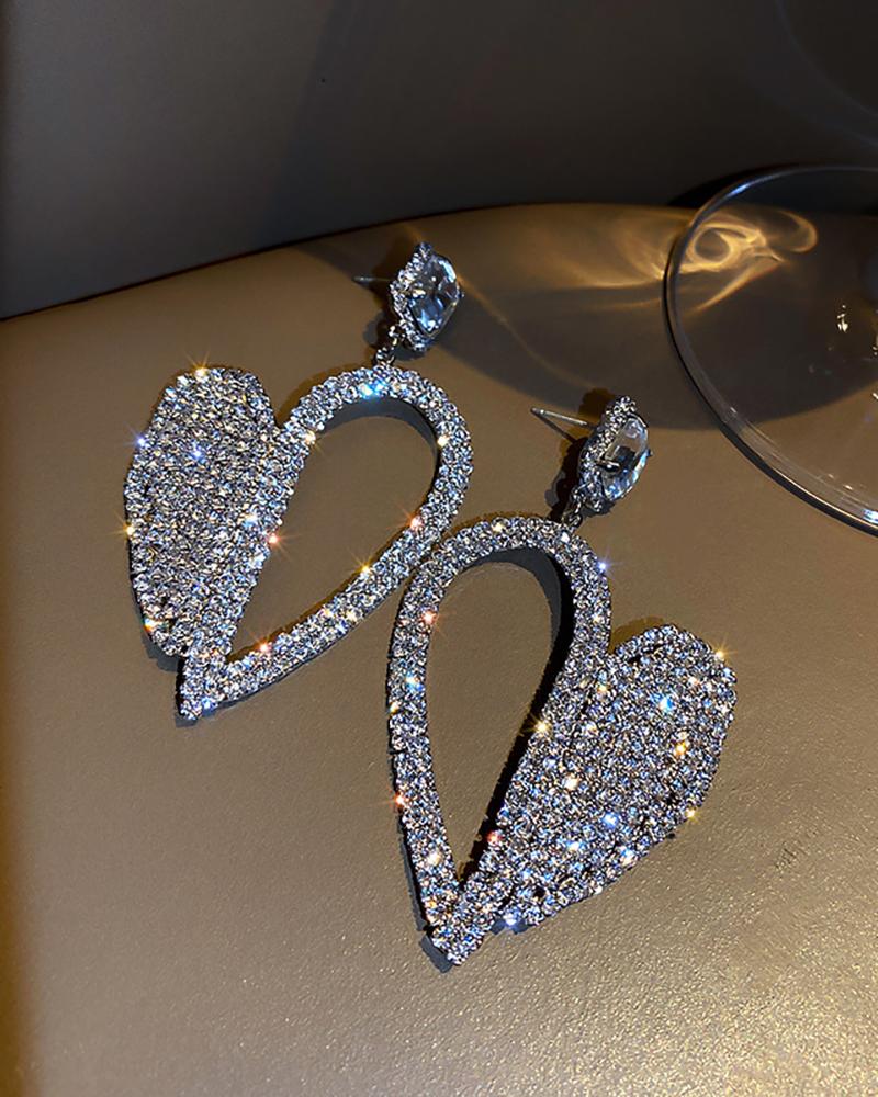 

1Pair Heart Half Hollow Out Rhinestone Drop Earrings, Silver