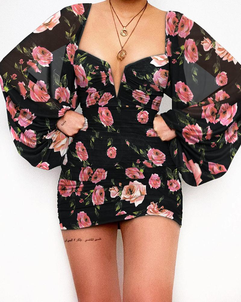 

Floral Print Cutout Neck Lantern Sleeve Bodycon Dress, Black
