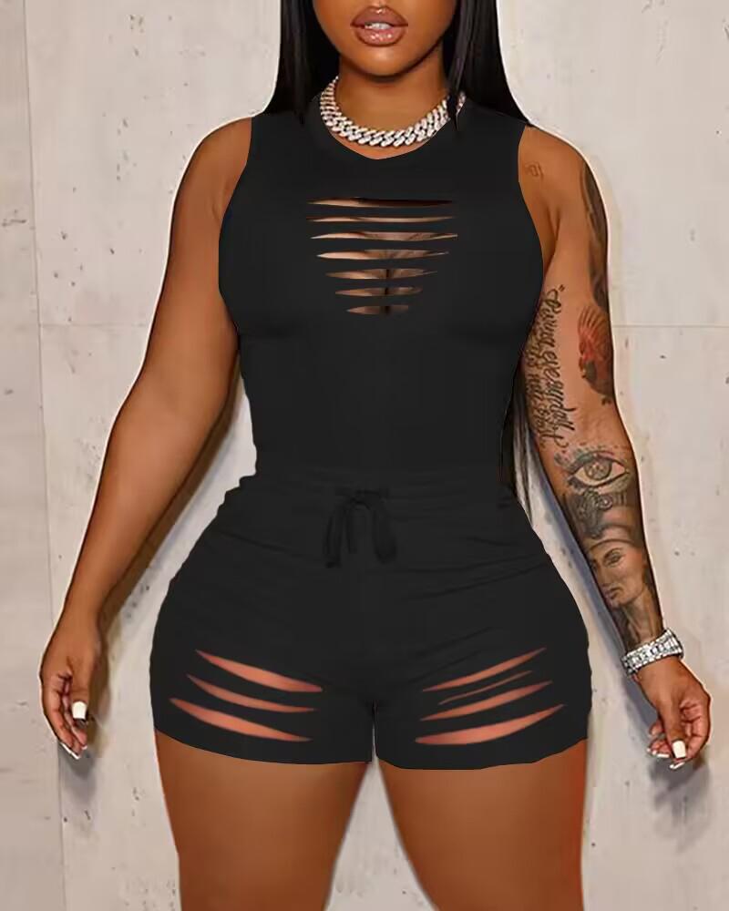 

Ladder Cutout Tank Top & Drawstring Shorts Set, Black