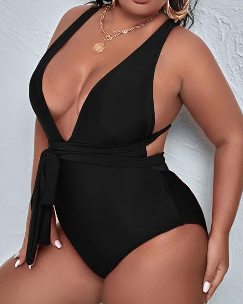

Plus Size Plunging Neck Tied Detail One-Piece Swimsuit, Black