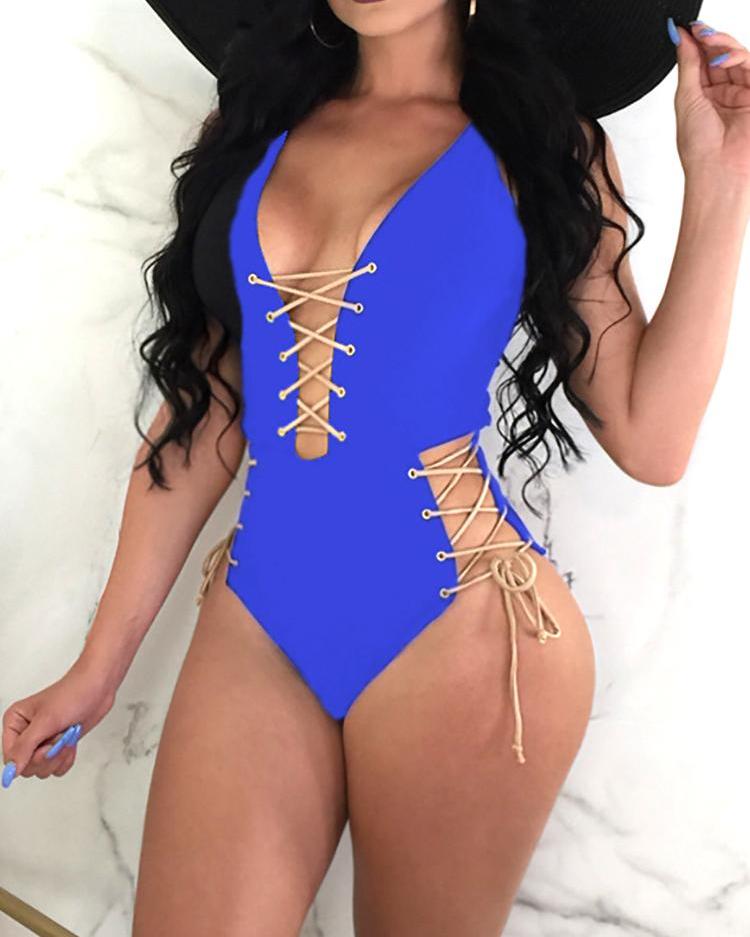 

Criss Cross Halterneck Lace-Up One-Piece Swinmwear, Blue