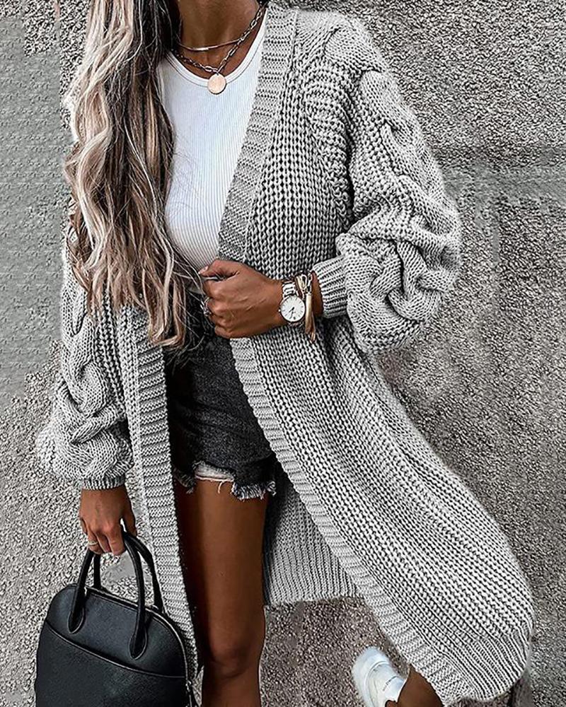 

Braided Lantern Sleeve Knit Cardigan, Gray