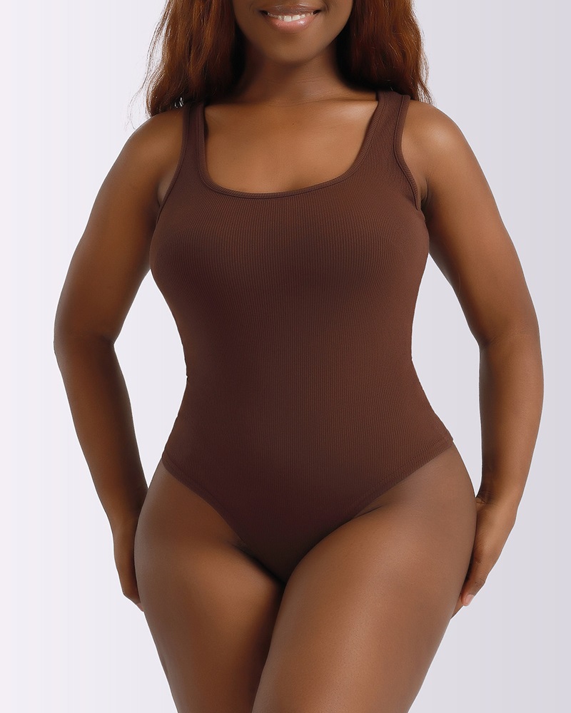 

Plain U-Neck Sleeveless Skinny Bodysuit, Brown