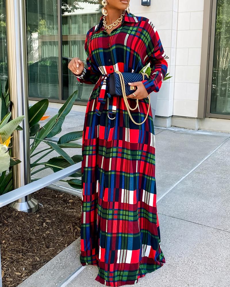 

Plaid Print Colorblock Long Sleeve Maxi Shirt Dress, Multicolor