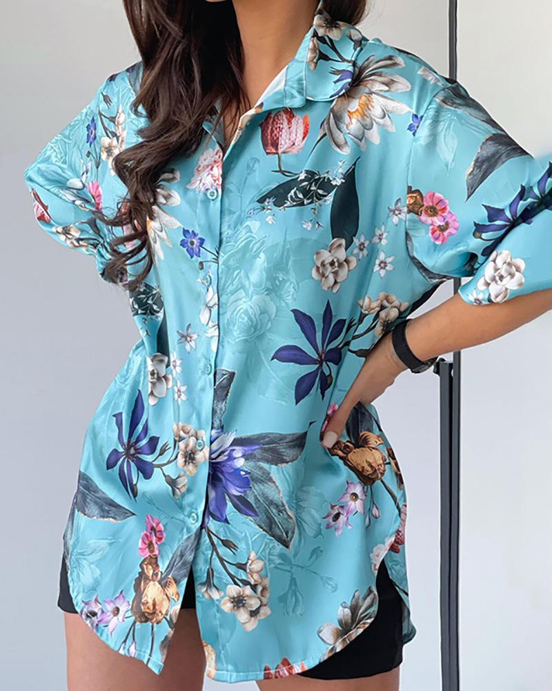

Floral Print Buttoned Long Sleeve Shirt, Blue