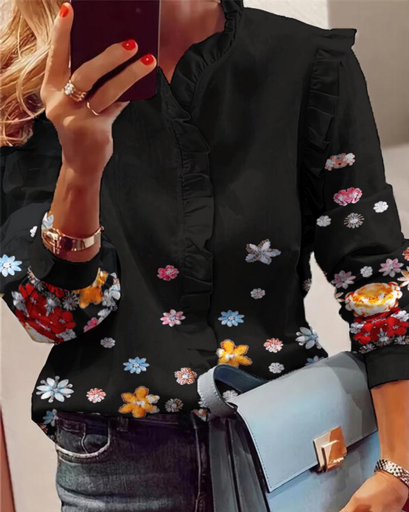 

Butterfly Print Button Front Long Sleeve Ruffle Hem Casual Blouse, Black