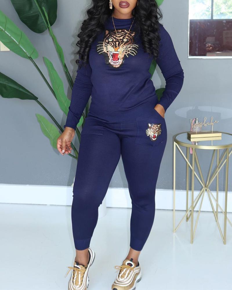 

Contrast Sequin Tiger Pattern Casual Top & Pants Set, Blue