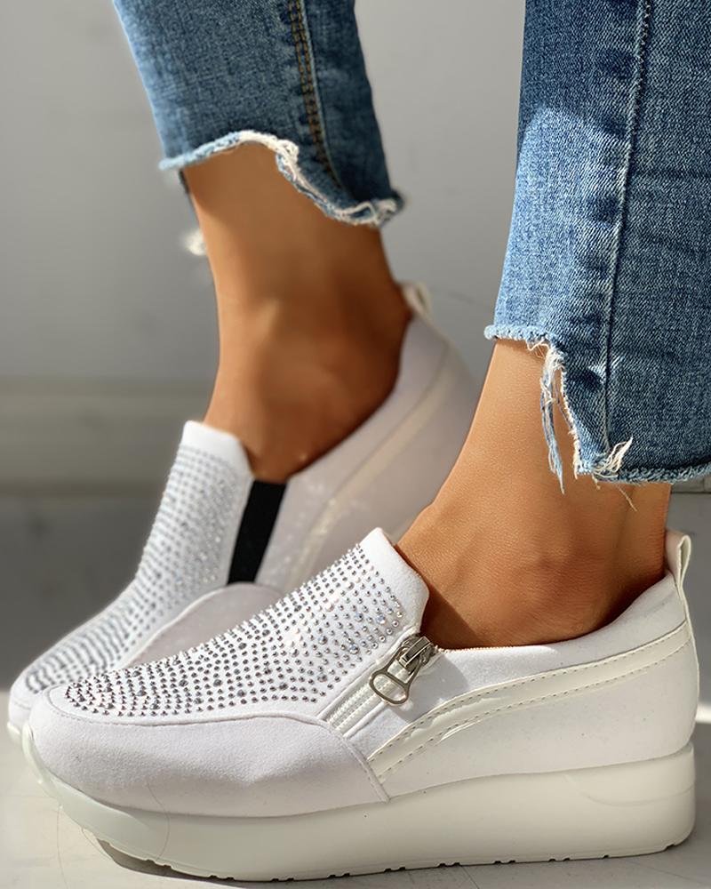

Suede Beads Design Zipper Platform Casual Sneakers, Beige