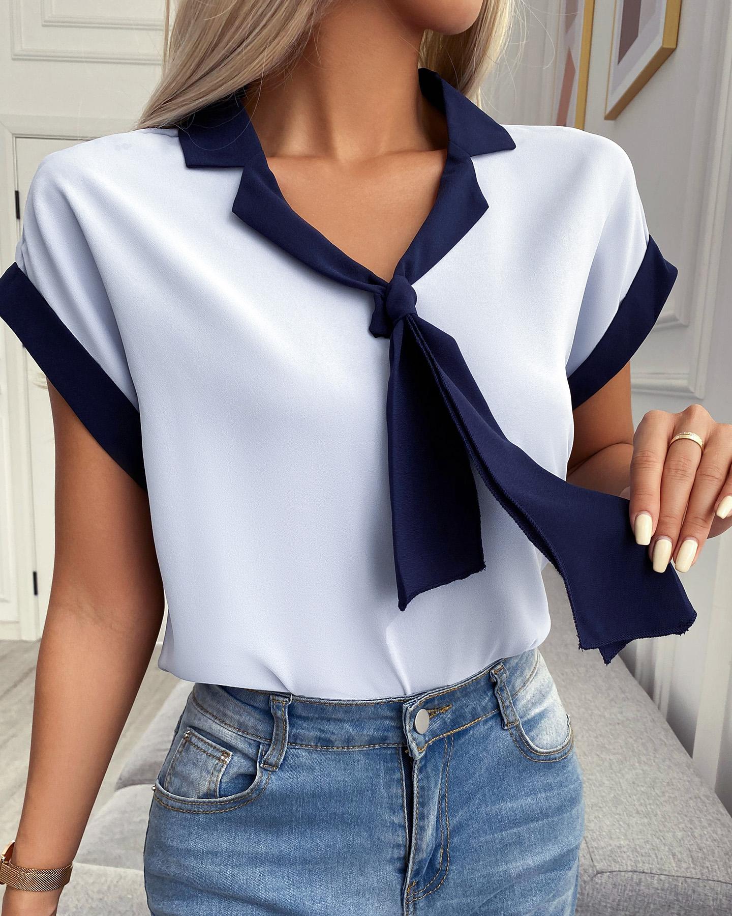 

Colorblock Tie Neck Short Sleeve Top, Blue
