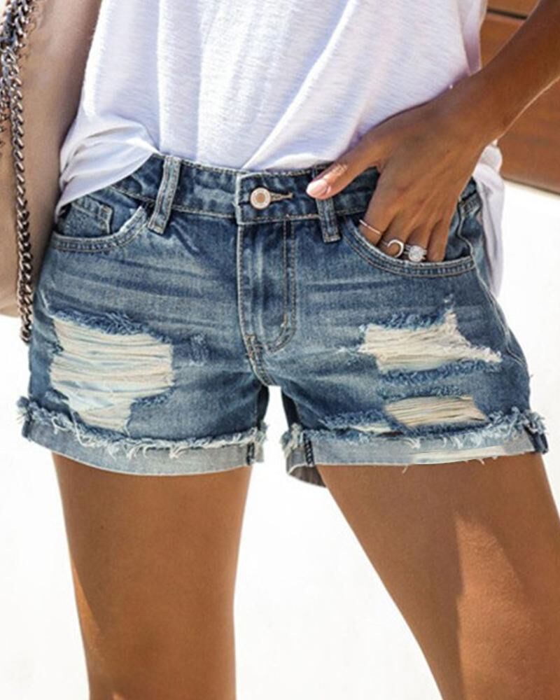 

Retro Ripped Roll Hem Denim Shorts, Blue