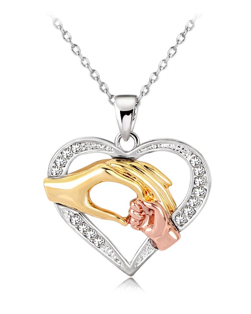 

1pc Mother's Day Mother And Child Hands Rhinestone Heart Shaped Pendant Necklace, Gold