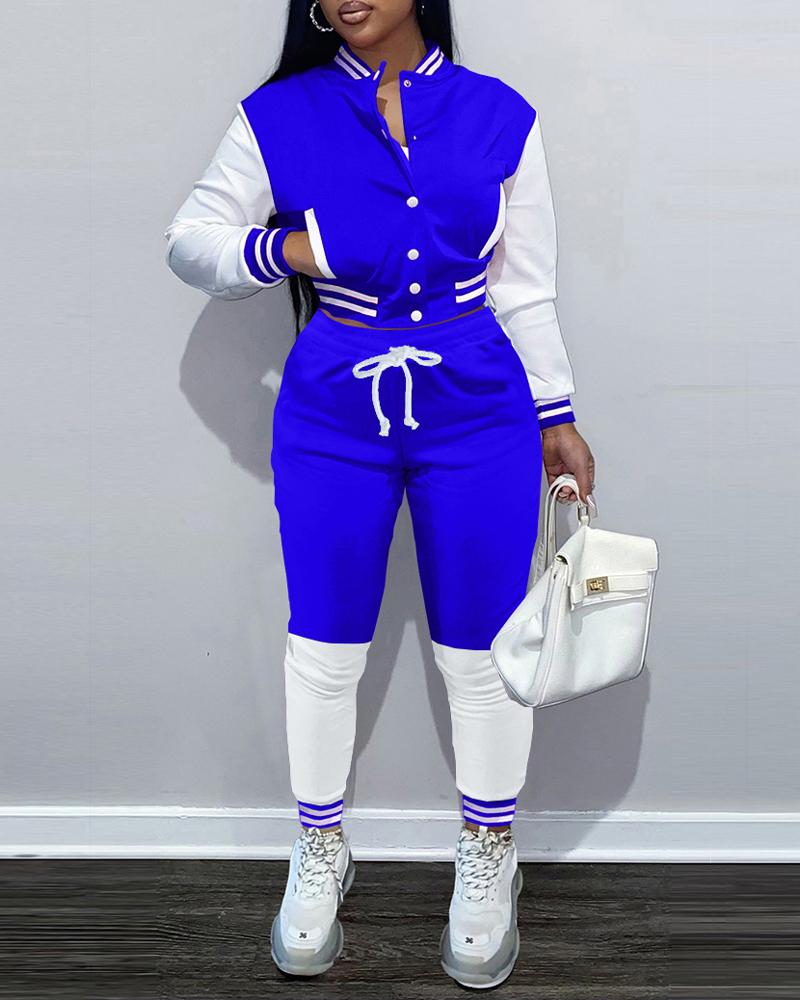 

Colorblock Striped Trim Bomber Jacket & Pants Set, Blue