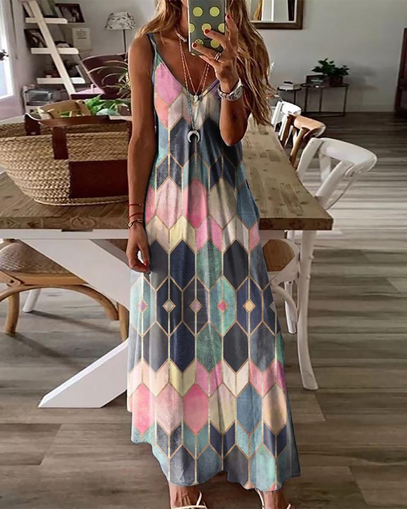 

Spaghetti Strap Geometric Print Maxi Dress, Pink
