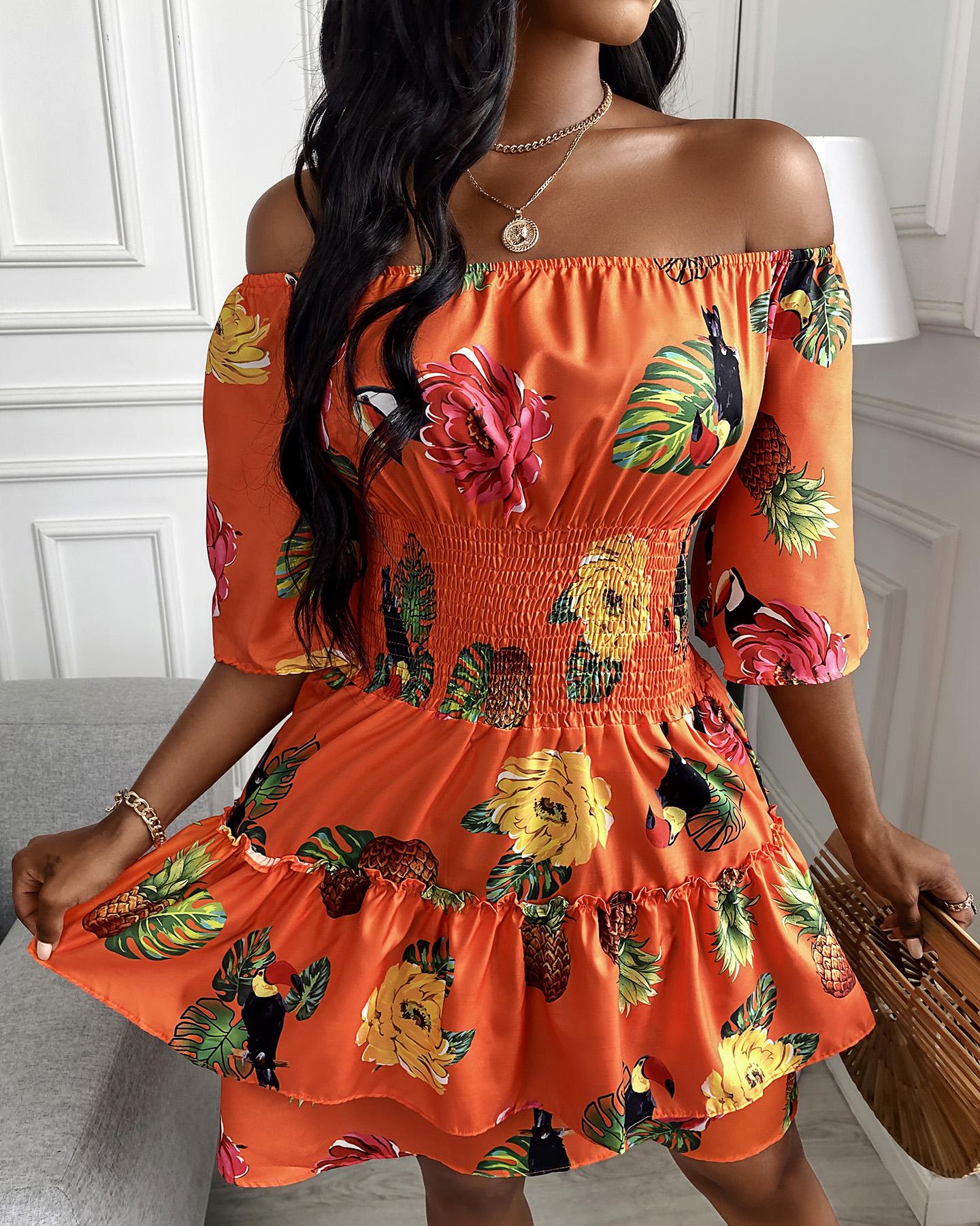 

Tropical Print Off Shoulder Casual Dress, Orange