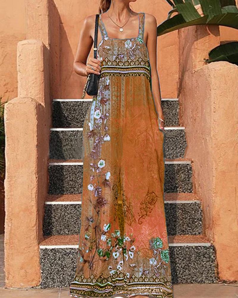 

Floral Tribal Print Sleeveless Wide Leg Jumpsuit, Orange