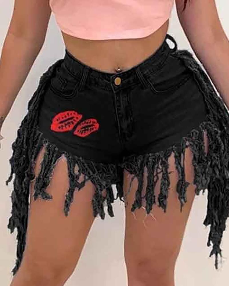 

Lip Print Fringe Hem Tassel Design Denim Shorts, Black