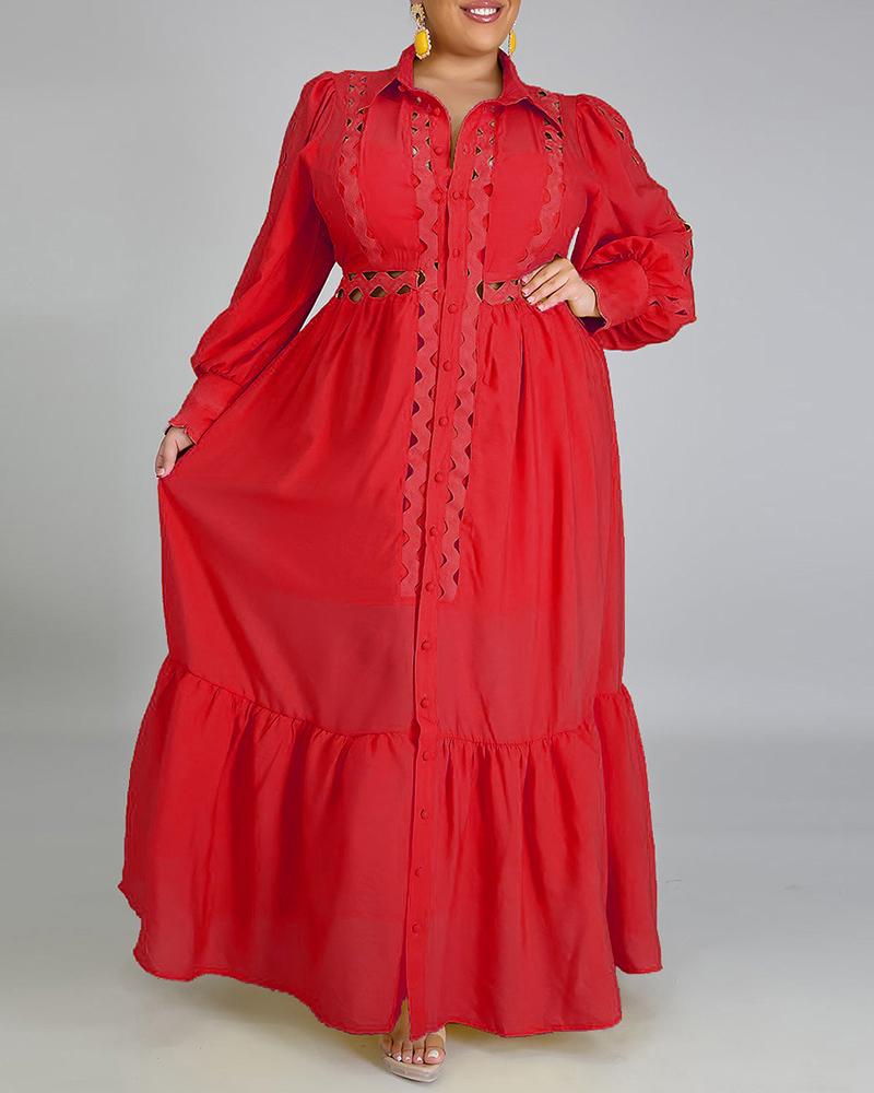 

Plus Size Hollow Out Puffed Sleeve Ruffles Maxi Dress, Red