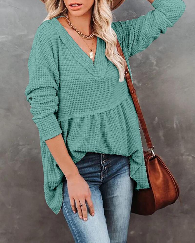 

Long Sleeve Waffle Knit V-Neck Ruched Top, Green