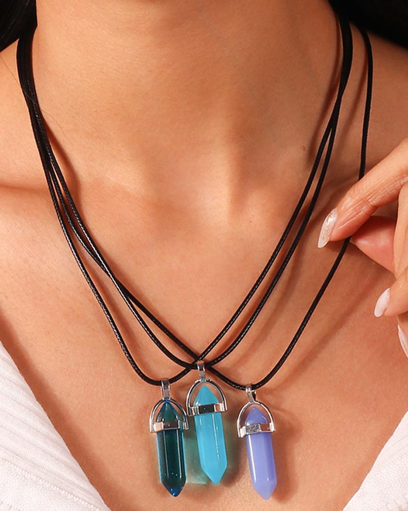 

3pcs Hexagon Prism Crystal Stone Pendant Necklaces Set, Blue