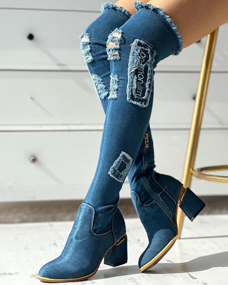 

Fringe Hem Ripped Over The Knee Chunky Boots, Blue