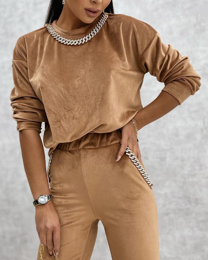 

Chain Decor Long Sleeve Velvet Sweatshirt, Yellow