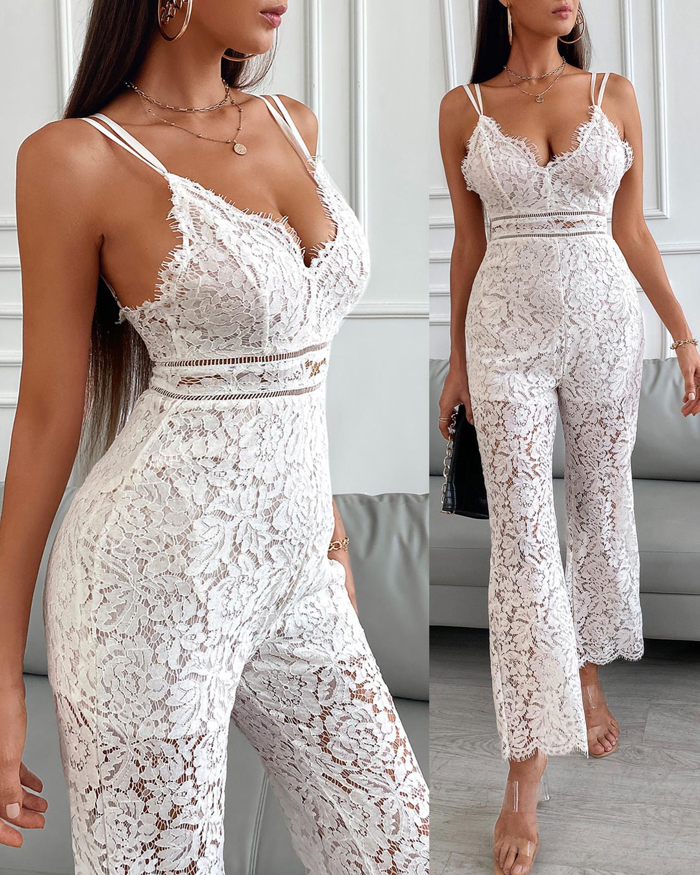 

Solid Sleeveless Wide Leg Lace Jumpsuit, White
