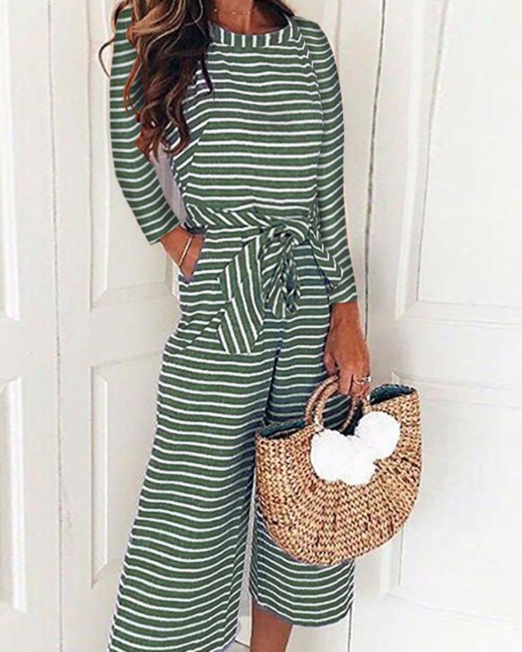 

Striped Long Sleeve Tied Waist Pocket Jumpsuits, Green