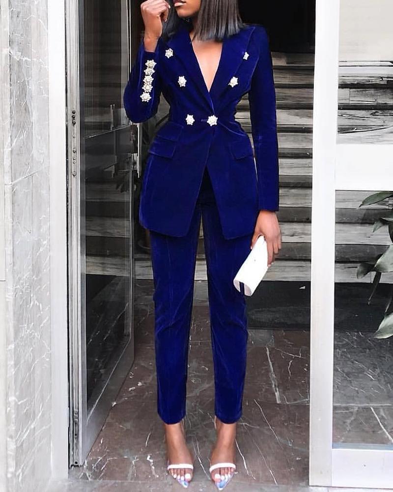 

Solid Button Design Velvet Blazer & Pants Sets, Blue