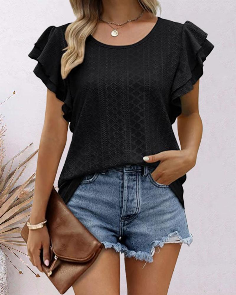 

Hollow Out Ruffle Hem Top, Black