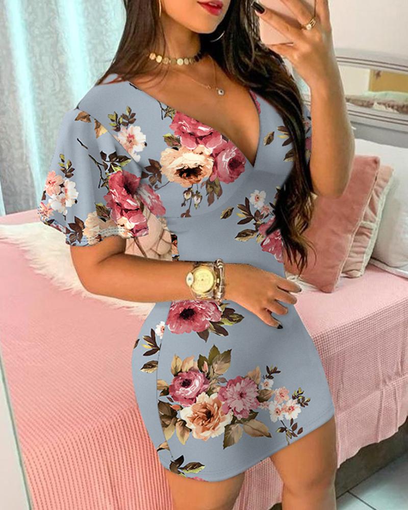 

Vestido bodycon com estampa floral e babados com bainha, Gray