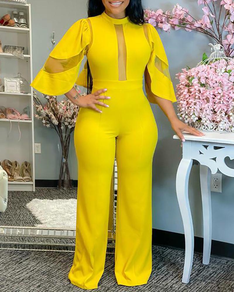 

Sheer Mesh Bell Sleeve Wide Legs Jumpsuit, Yellow