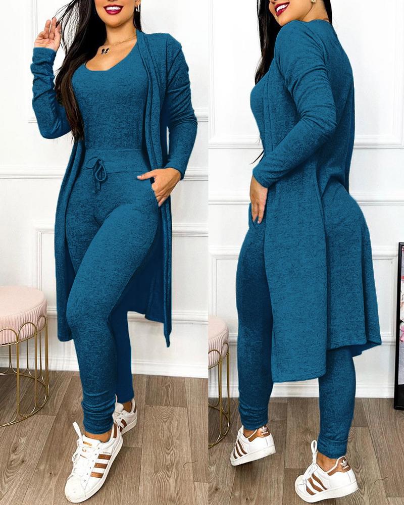 

Drawstring Pocket Design Jumpsuit & Coat Set, Purplish blue