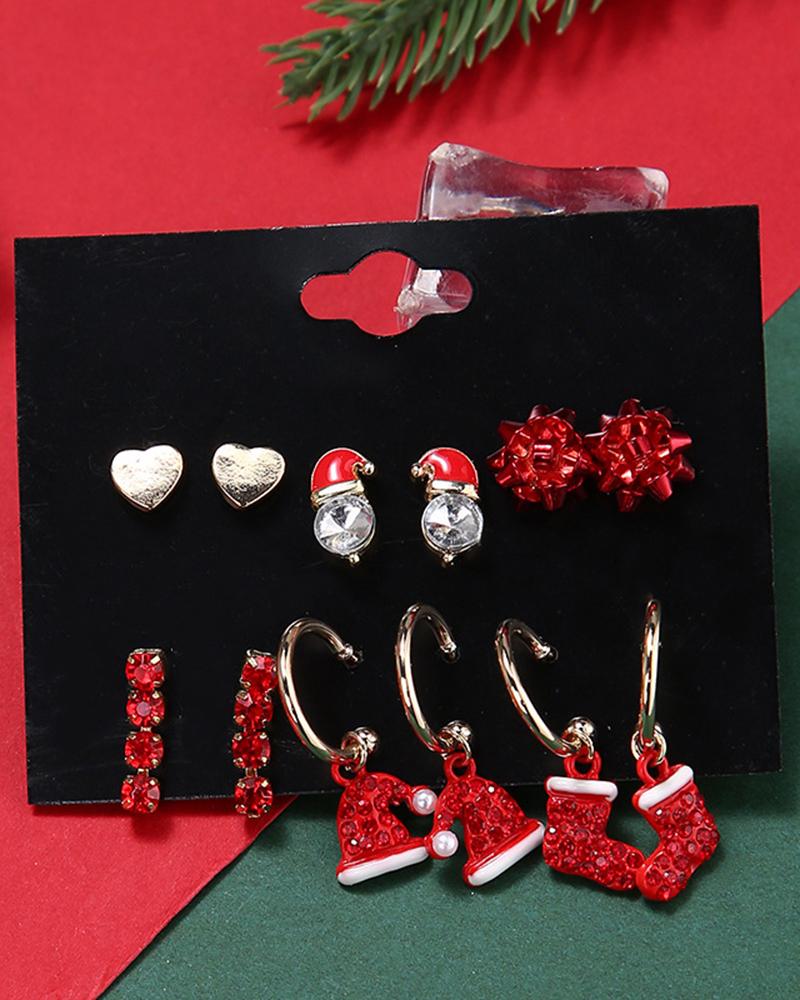 

6Pairs Christmas Heart Santa Socks Hat Shaped Earrings Set, Red