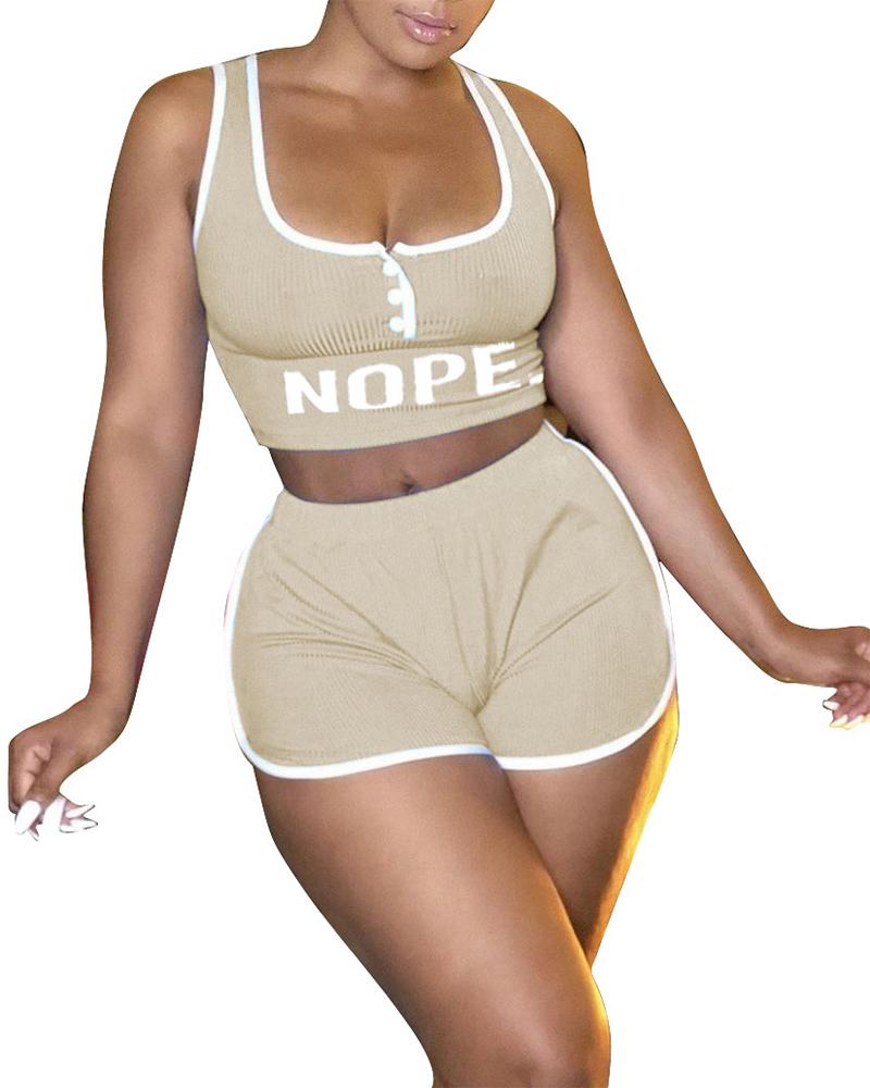 

Letter Print Contrast Binding U-Neck Top & Shorts Set, Nude