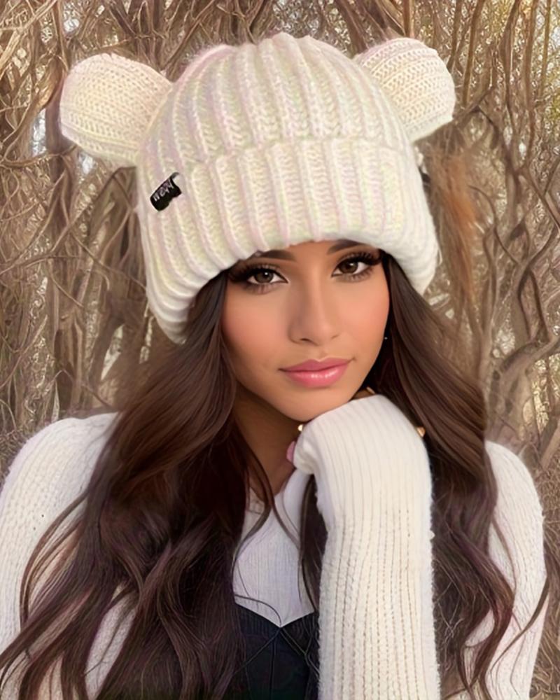 

Cuffed Knit Winter Warm Beanie Hat With Bear Ears, Beige