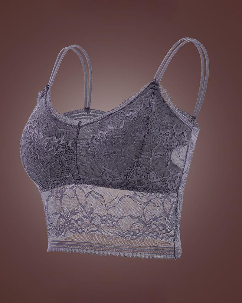 

Crochet Lace V-Neck Bra Top, Gray