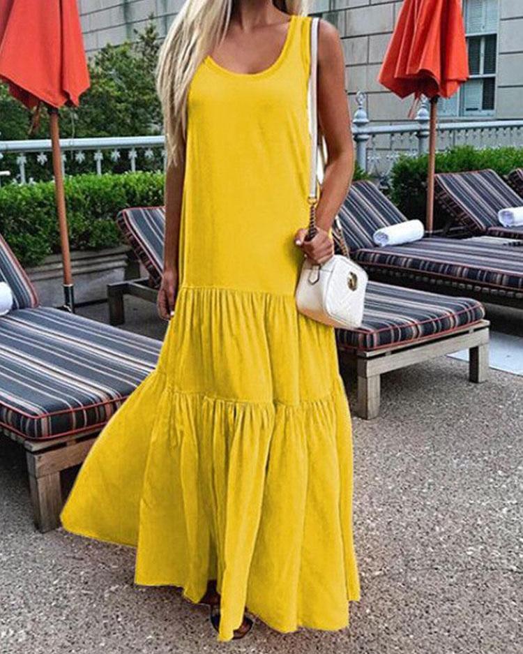 

Solid Ruffle Hem Casual Maxi Dress, Yellow