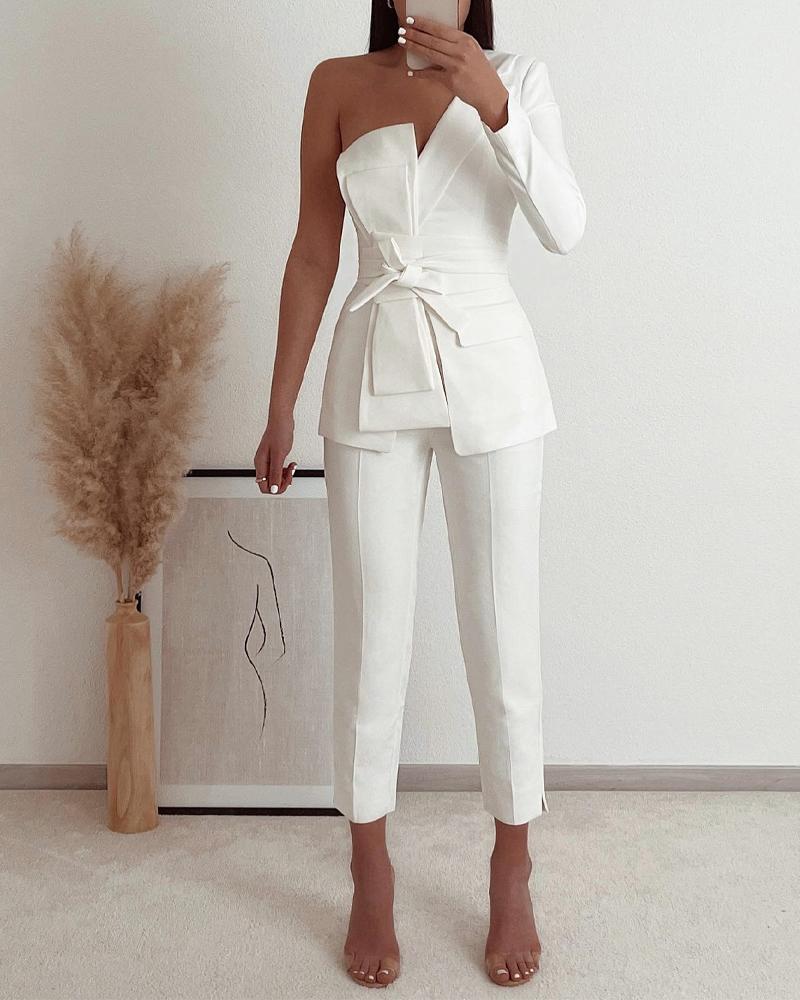 

Plain One Shoulder Belted Blazer, White