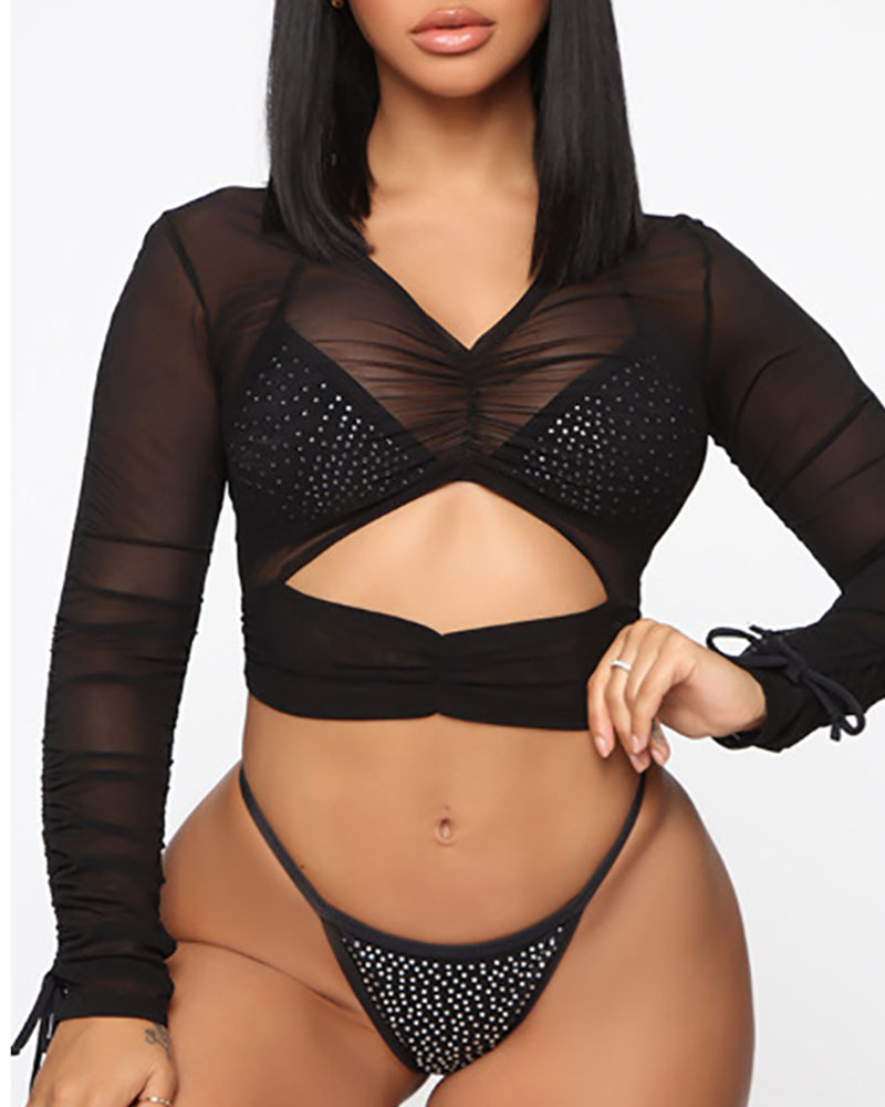 

Studded Decor Bikini Set With Ruched Mesh Cover Up Top, Black