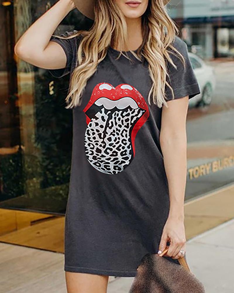 

Lip Print Short Sleeve Casual Dress, Dark grey