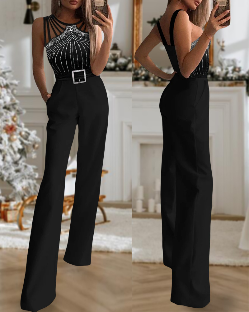 

Multi Strap Sleeveless Jumpsuit Rhinestone Bootcut Overalls, Black