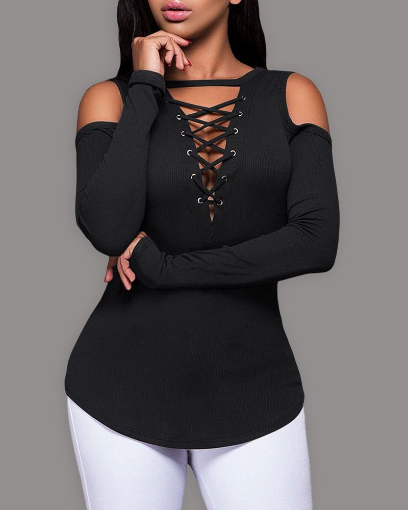 

Eyelet Lace-up Cold Shoulder Long Sleeve Top, Black