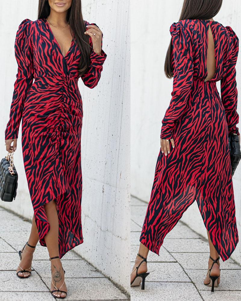 

Zebra Stripe Print Ruched Dip Hem Puff Sleeve Dress, Red
