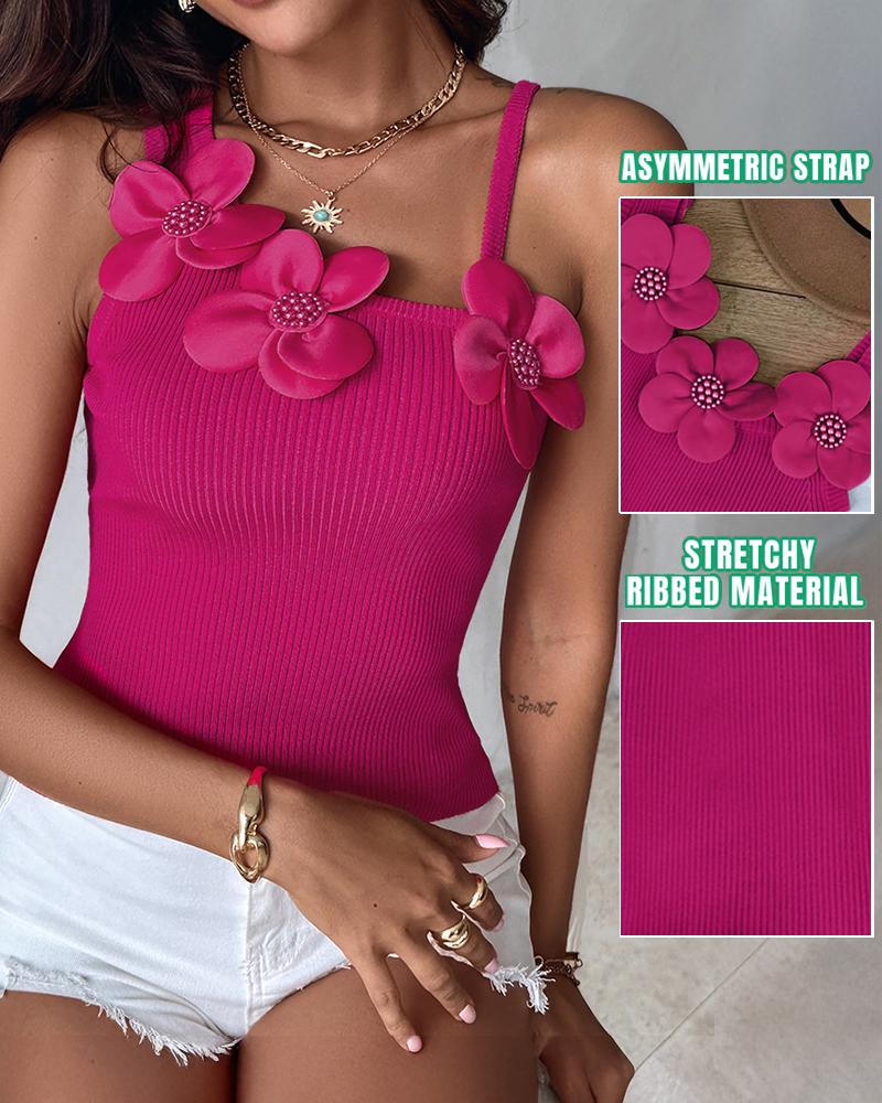 

1PC Floral Padrão Beaded Decor Malha Regata Camisa Sem Mangas, Hot pink