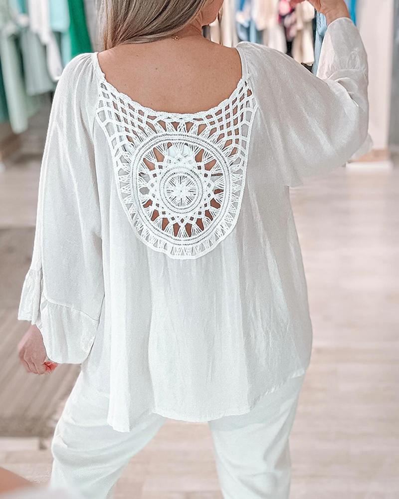 

Crochet Lace Ruched Ruffle Hem Casual Top, White