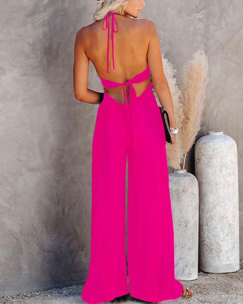 

Backless Halter Wide Leg Jumpsuit, Hot pink