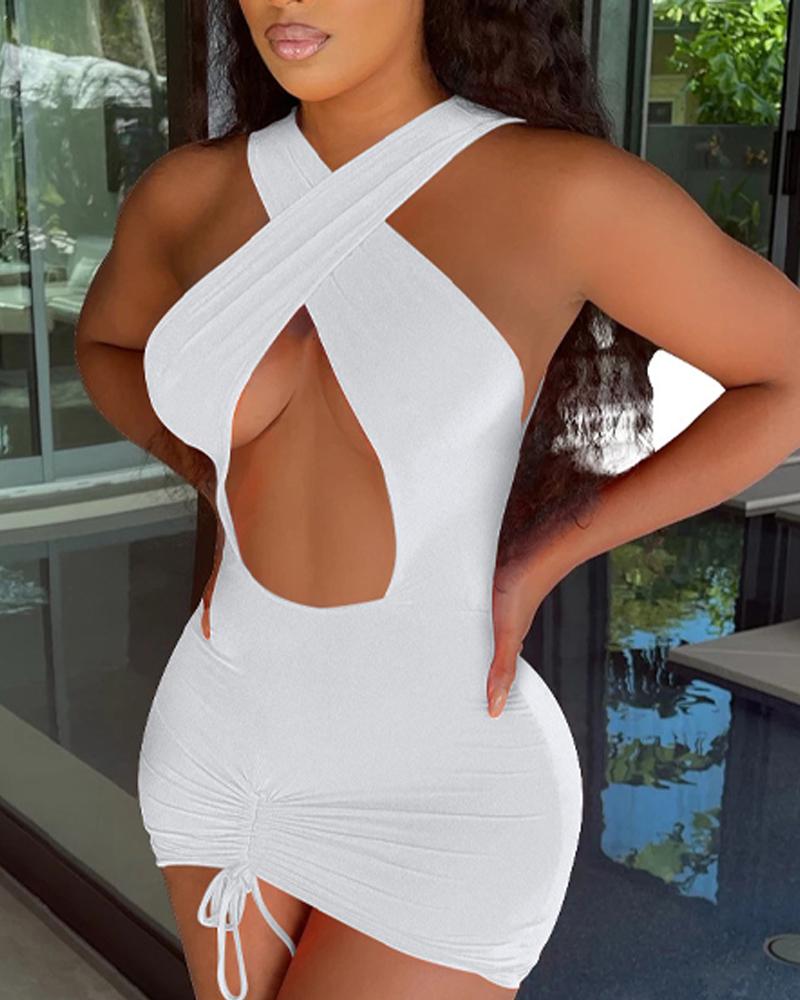 

Crisscross Cutout Drawstring Ruched Bodycon Dress, White